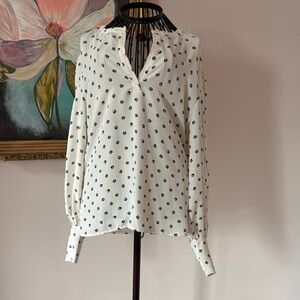 Ann Taylor Ivory Blouse with Navy and Khaki Flowers